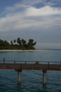 海边栈桥与远处葱郁小岛