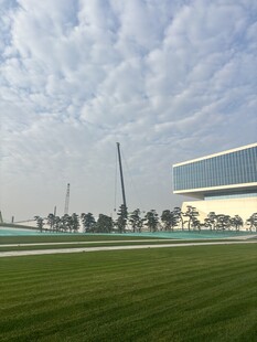 现代化建筑旁的开阔绿地