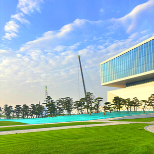 现代建筑旁的绿地与蓝天