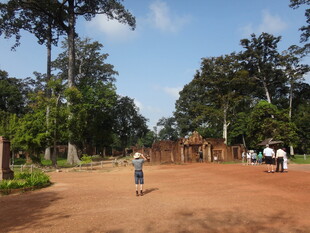 越南乡村土路旁的树木与行人