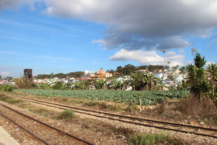 越南田野边的铁轨与村庄景色