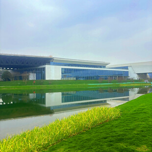 现代建筑旁的碧水绿草景观