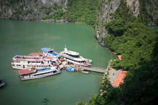 越南青山绿水间的停泊船只