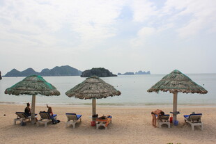 越南海滨沙滩遮阳伞下休闲场景