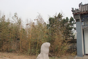 中式庭院旁的石塑与竹林
