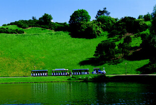 德国湖畔绿坡上的火车风景