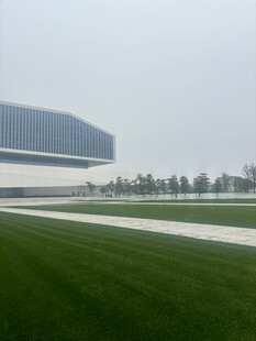 现代建筑旁的开阔绿草地