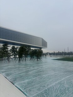 现代建筑旁的绿植广场