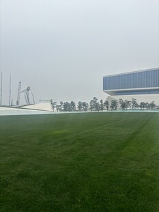 开阔绿地旁的现代建筑