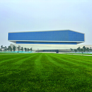 蓝顶建筑前的翠绿草坪