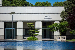 校园现代建筑旁的清澈泳池