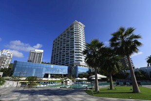 三亚海滨现代高楼与棕榈树景观