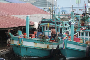 停靠码头的多彩渔船