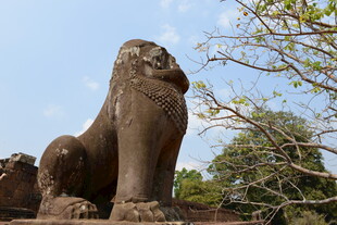 古老石狮子坐于绿树蓝天间