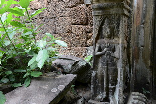 古老石雕旁的绿植景观