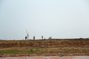 岸边漫步的几个人