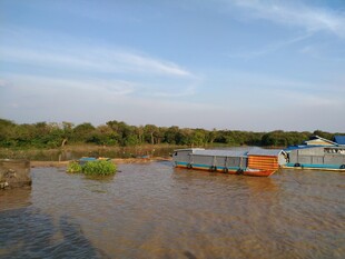 河畔停泊多彩船只景观