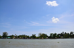 河畔蓝天绿树风景图