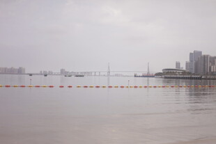 湛江雾中城市江畔风景