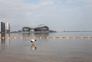 湛江海边漫步的人与现代建筑