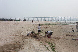 湛江沙滩上的人们与远处栈桥