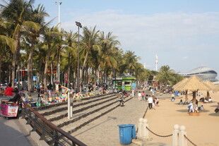 热闹的海滨休闲沙滩场景
