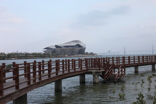 水上栈桥与远处建筑景观