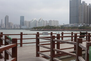 江边木质观景台与城市建筑