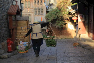 小巷中背着背篓的行人