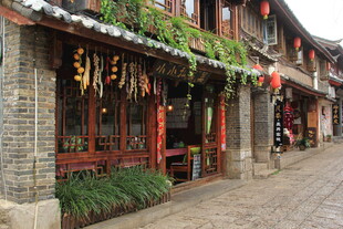 古巷中式店铺 绿植红灯