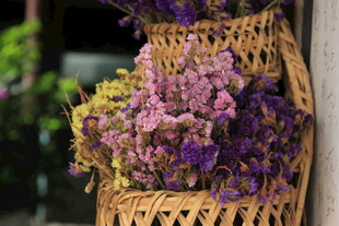 藤篮中的多彩干花装饰