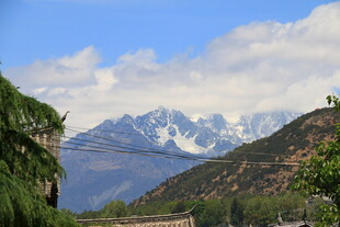 雪山远景与山间绿植景观