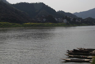 江边木筏静立山水间