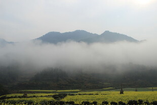 婺源山间云雾缭绕的田园美景