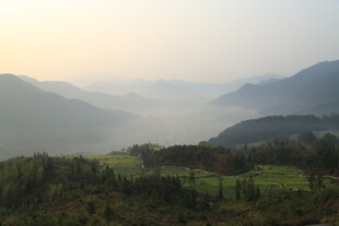 婺源山间晨景 田园隐于薄雾中