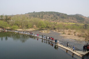婺源湖畔长桥游人漫步赏春景