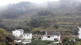 婺源山间云雾缭绕的白墙村落