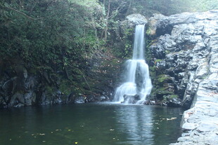 婺源山间瀑布下的碧绿潭水