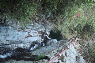 婺源山间石阶旁的清幽小瀑布