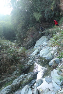 婺源山间溪流旁的徒步场景