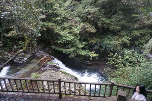 婺源山间瀑布旁的观景栈道