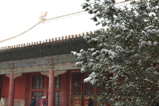 故宫雪景中的古典建筑一角