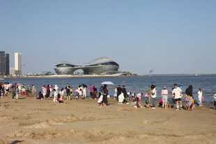 热闹海滩上的人群与建筑