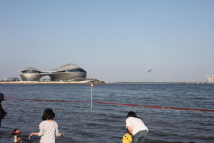 海边观景的人群与特色建筑