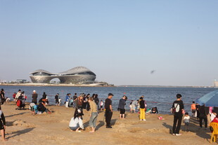 海滨沙滩上的热闹人群