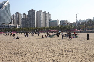 热闹沙滩与远处高楼景观