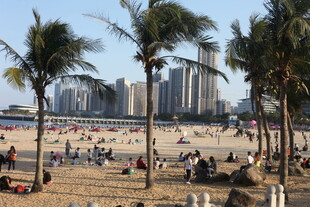 热闹的城市海滨沙滩景象