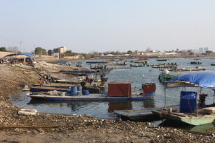 岸边停泊的多彩船只