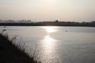 夕阳下波光粼粼的宁静湖面