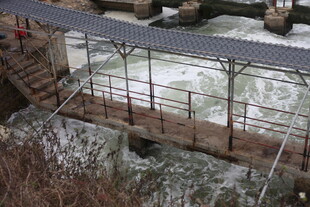 山间木桥横跨湍急河流